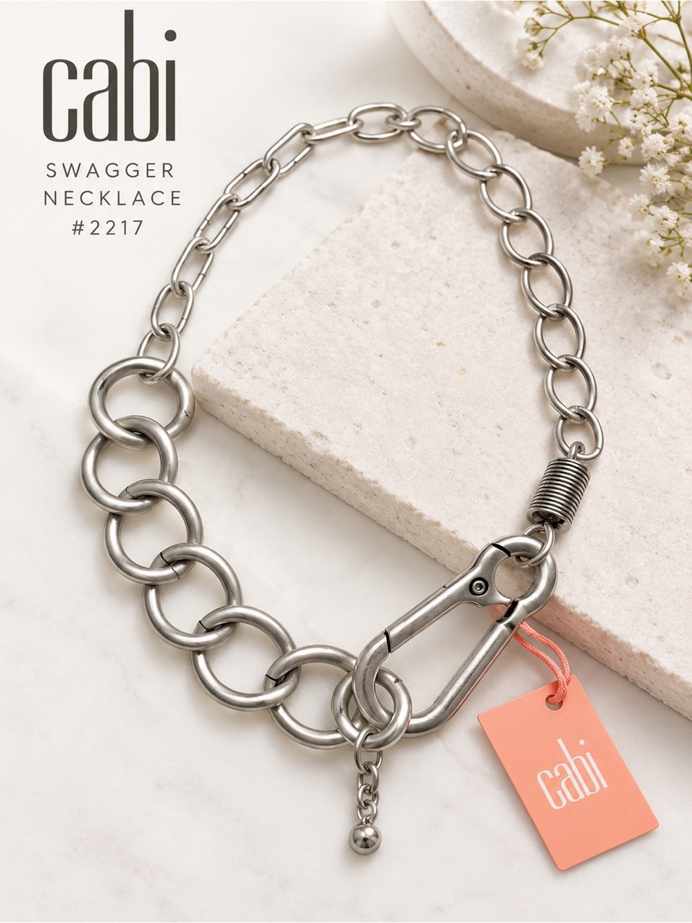 Cabi Swagger Necklace NWT Silver Tone Mixed Link Carabiner Chain #2217